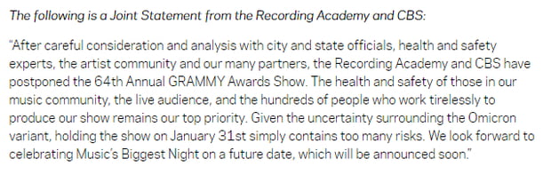 Lễ Trao Giải Grammy 2022 Bị Hoãn Vô Thời Hạn