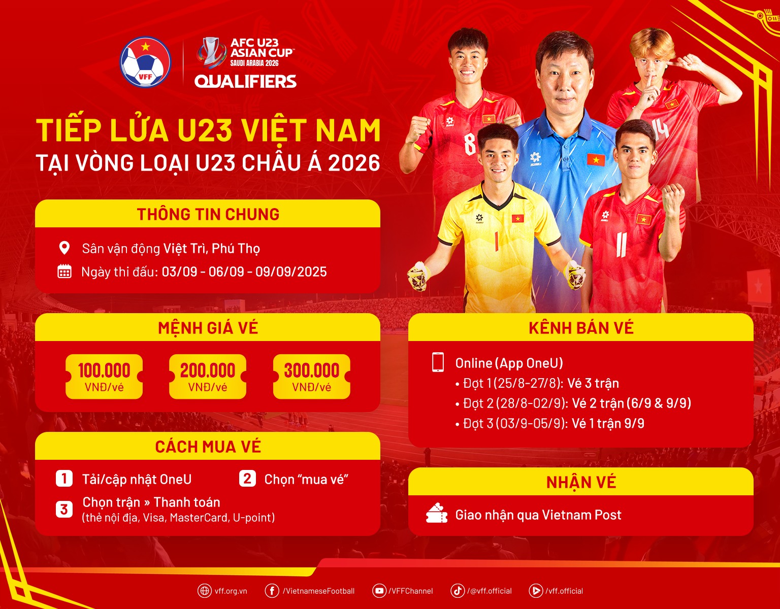 Vé U23 Việt Nam tại vòng loại U23 châu Á 2026 chính thức mở bán online