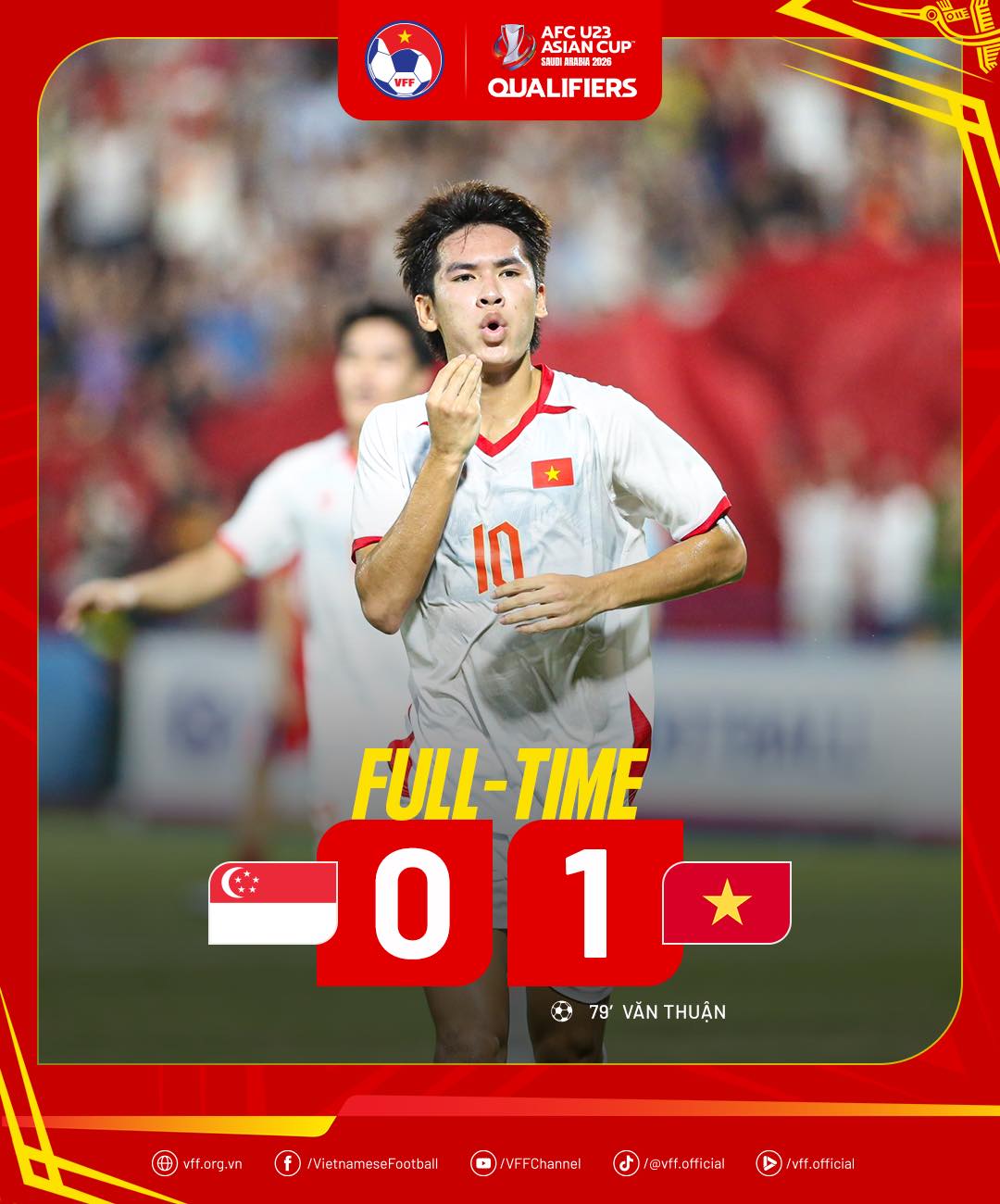 U23 Việt Nam vượt qua U23 Singapore, giữ ngôi đầu bảng C vòng loại U23 châu Á 2026