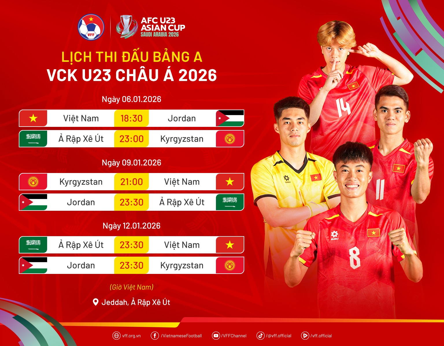 Lịch thi đấu U23 Việt Nam tại VCK U23 châu Á 2026
