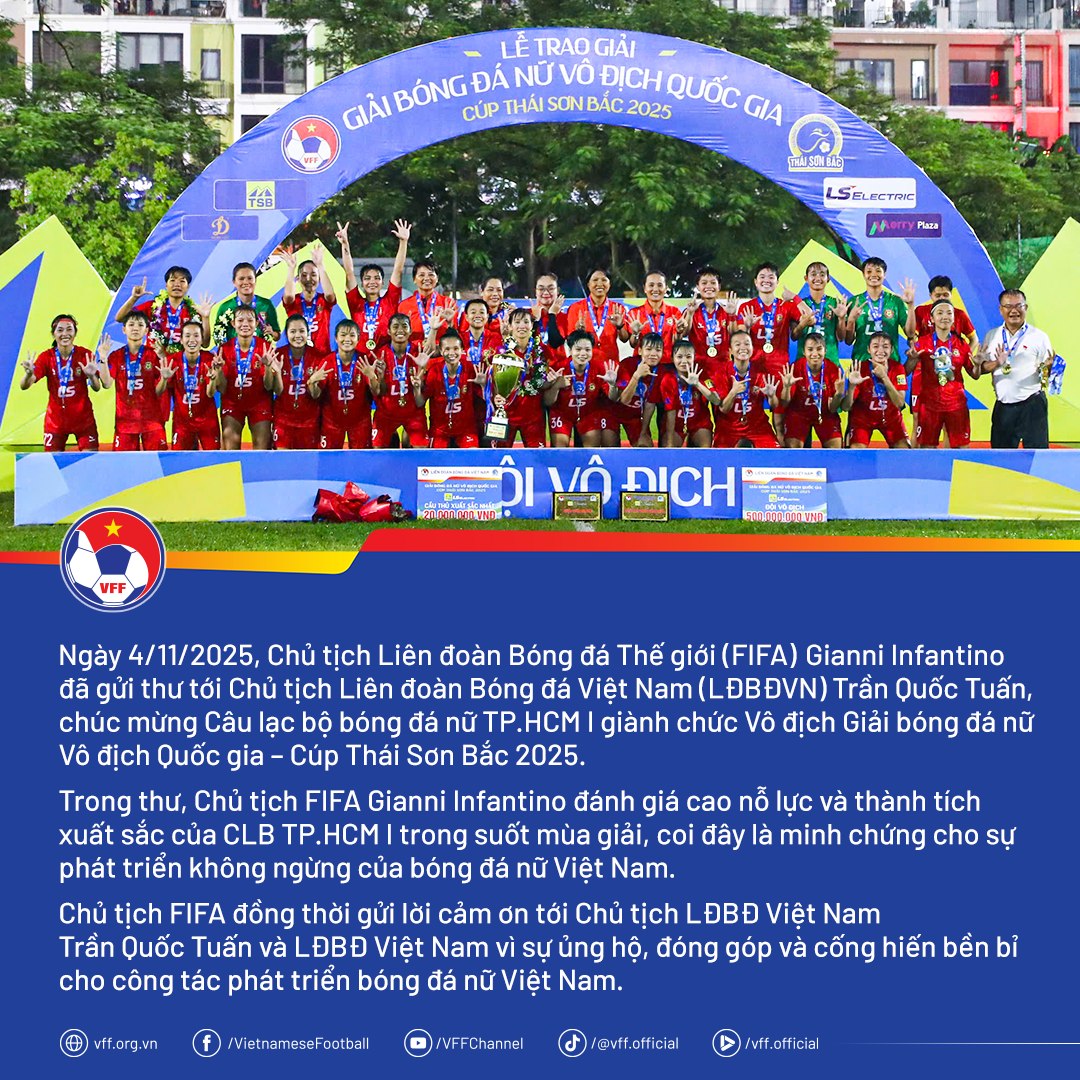 Chủ tịch FIFA gửi thư chúc mừng CLB TP.HCM I vô địch Giải bóng đá Nữ Quốc gia 2025