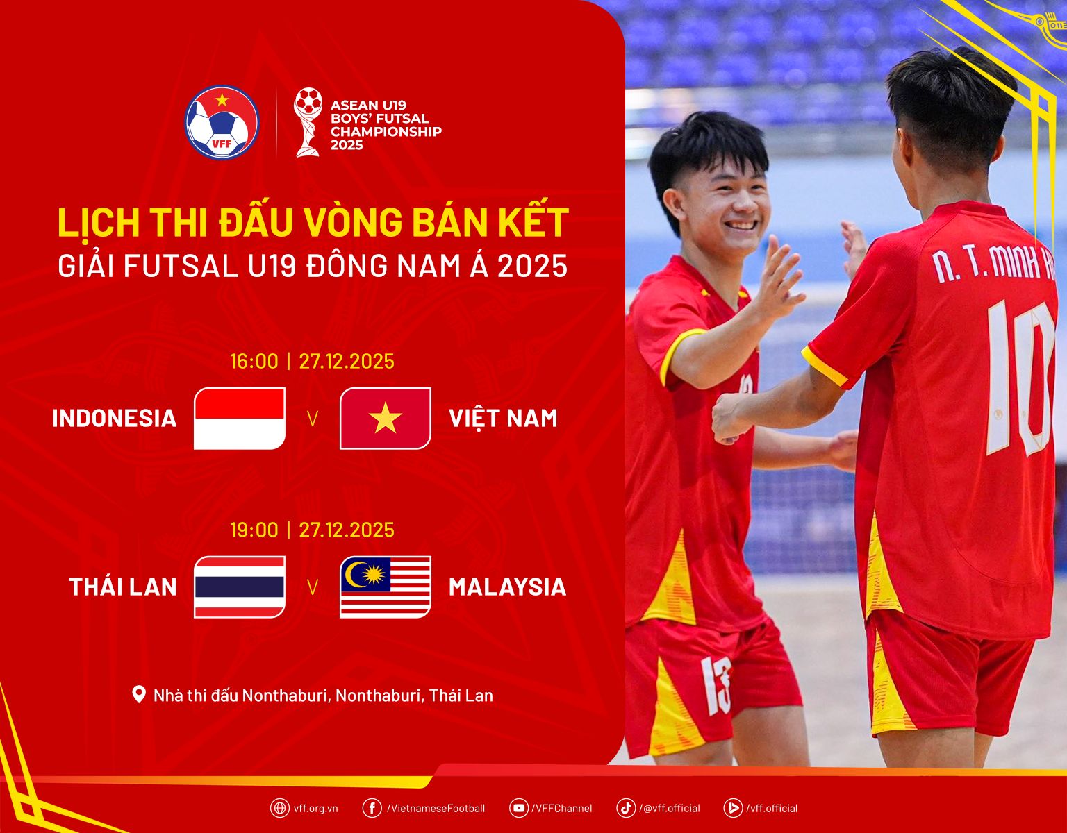 Lịch thi đấu bán kết giải futsal U19 Đông Nam Á 2025