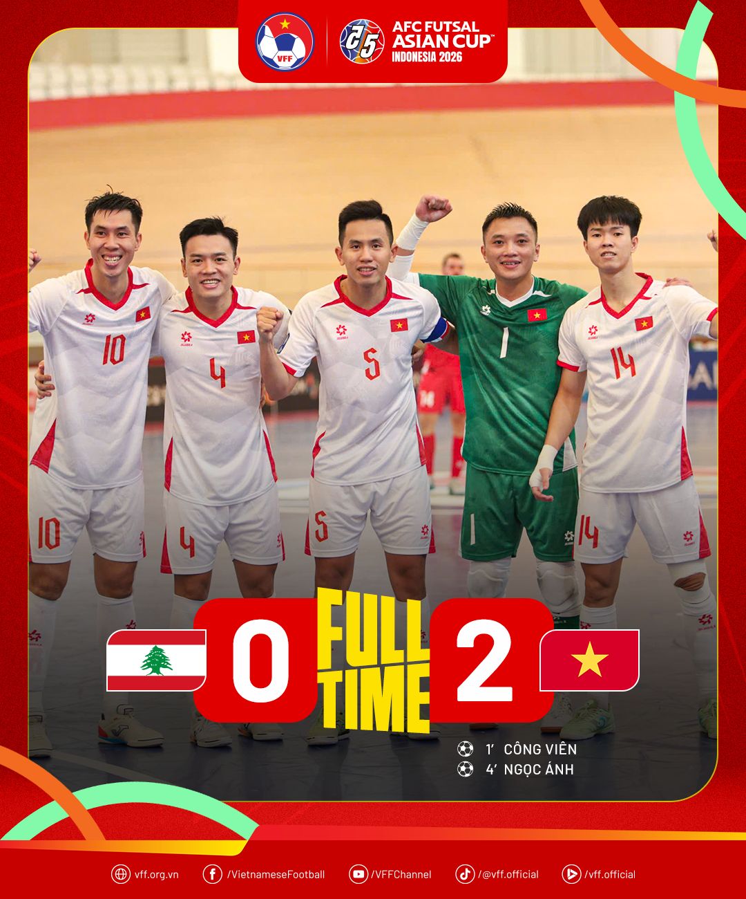 Futsal Việt Nam thắng Lebanon 2-0, rộng cửa vào tứ kết châu Á 2026