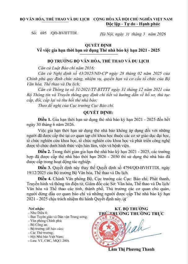 Thông báo về việc gia hạn thời hạn sử dụng thẻ nhà báo
