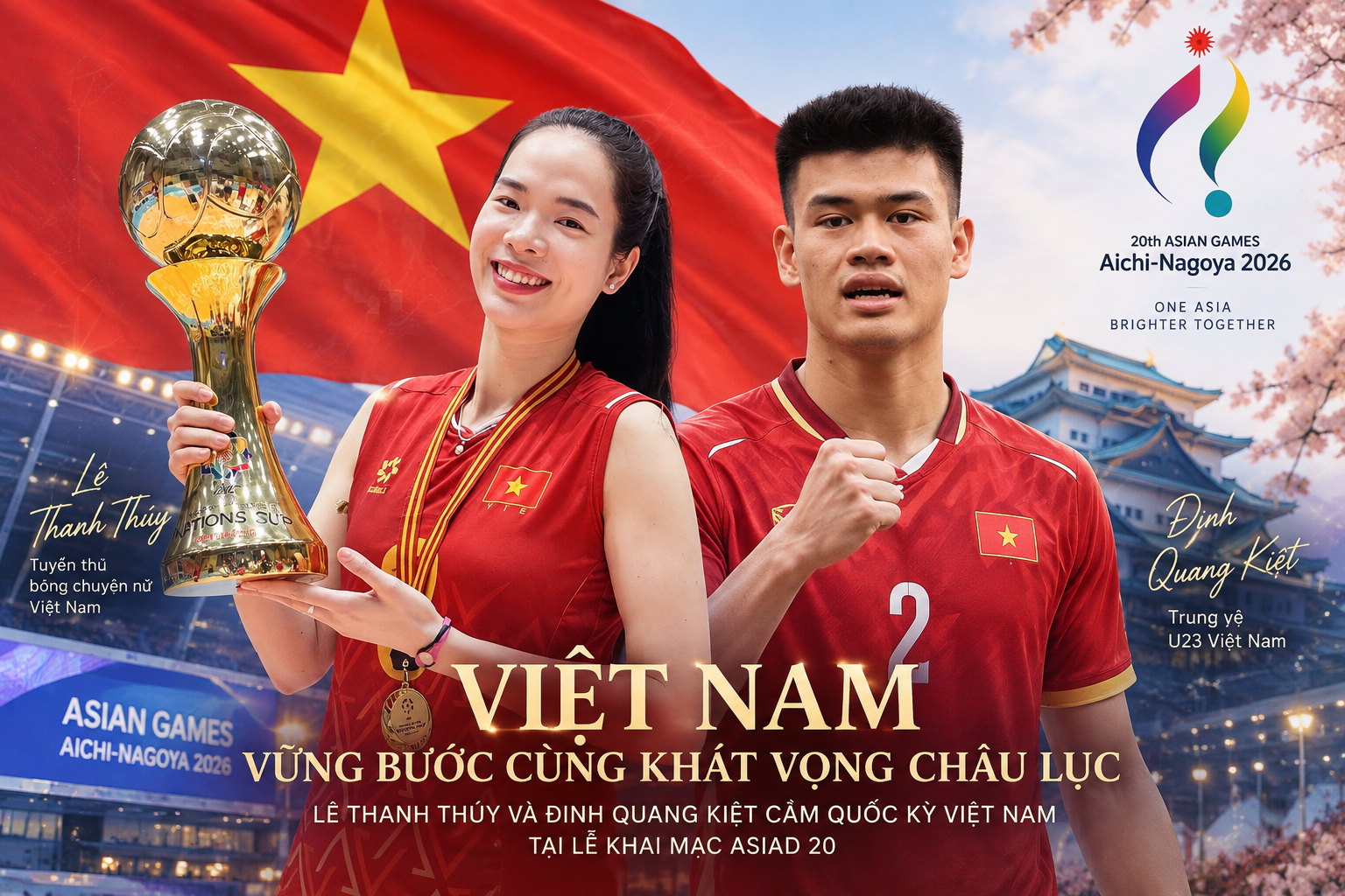 Lê Thanh Thúy và Đinh Quang Kiệt cầm Quốc kỳ Việt Nam tại khai mạc ASIAD 20