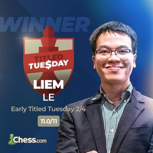 Lê Quang Liêm vô địch Titled Tuesday, vượt Nakamura trong cuộc đua nghẹt thở